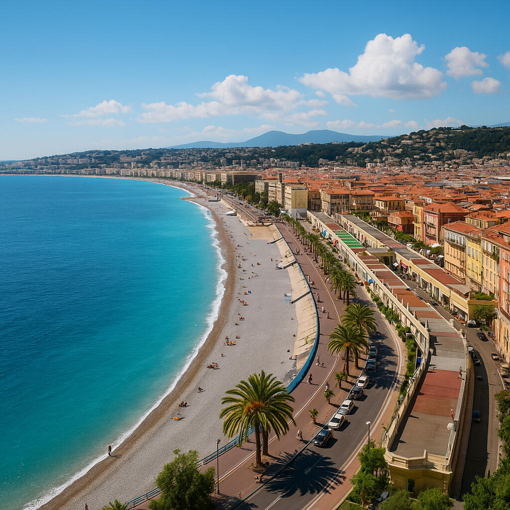 Panoramablick auf die Côte d’Azur – Mittelmeer, Sonne & französischer Lifestyle Panoramafoto der französischen Côte d’Azur mit türkisblauem Meer, eleganter Küstenstadt, Palmen und mediterraner Atmosphäre bei goldenem Sonnenlicht.